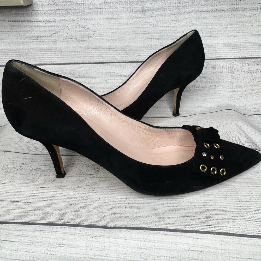 Kate Spade Black‎ Suede Pumps With Bow Gold Grommets Size 9.5